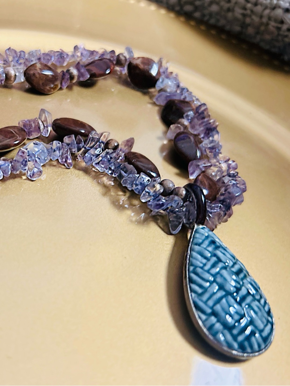 Handcrafted Purple Chip Beaded Necklace with Teal Blue Drop Pendant